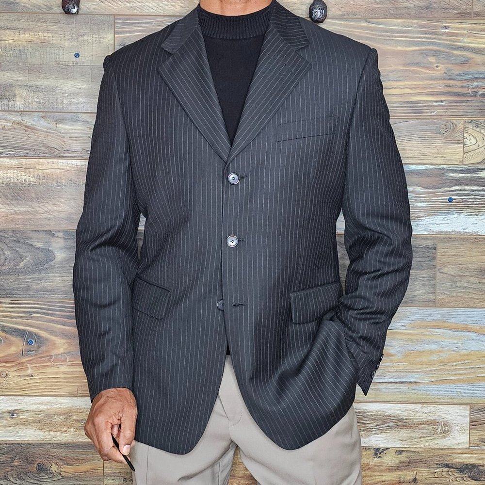 Ted Lapidus Paris Wool Blend Black Striped Double Vented Blazer Sport Jacket 42R